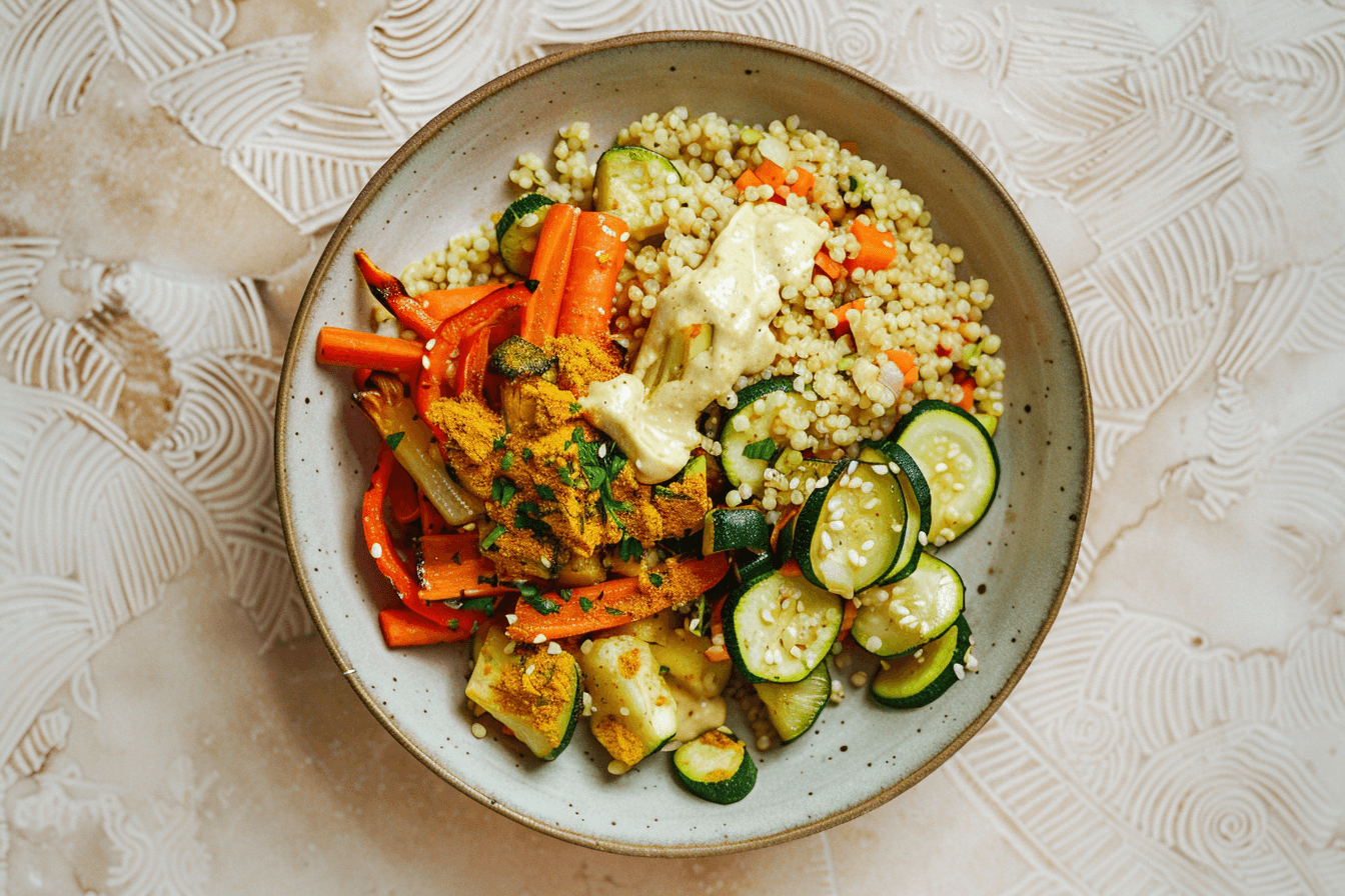 Hirse-Gemüse-Pfanne mit Kurkuma & Tahin-Dressing