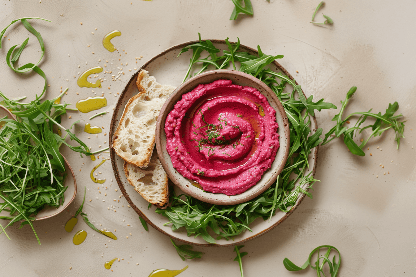 Rote-Bete-Hummus mit Vollkornbrot & Rucola